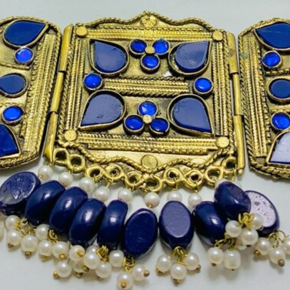 Blue Jewelry Set, Statement Choker Necklace With Earrings, Pearls Jewelry, - Picture 3 of 9